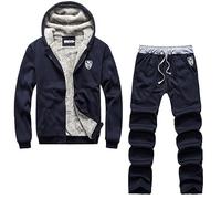 2025-Enérgico 2 Piezas para Invierno Casual Sólido Jogger Deporte Gimnasio Sudaderas de Manga Larga con Capucha Algodón Pantalones Acolchados Camisa Occidental Negra, marine, XXL