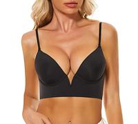 2025 French Deep V Low Cut Gran Espalda abierta en forma de U Hermosa Espalda Sin Costuras Ropa Interior Sin Costuras Pecho Pequeño Sujetador para dormir Fruncido sin Anillo de Acero Super Push, Negro