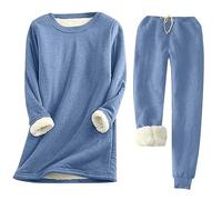 2025-Generisch Winter bequem lässig einfarbig einfarbig Rundhalsausschnitt langärmig Plus Fleece-Bottom-Shirt mittellange Hose mit elastische Bund verdickter Warmer Pullover Damen Schmetterling, azul