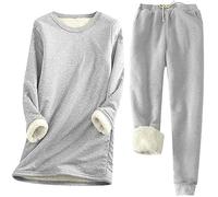 2025-Generisch Winter bequem lässig einfarbig einfarbig Rundhalsausschnitt langärmig Plus Fleece-Bottom-Shirt mittellange Hose mit elastische Bund verdickter Warmer Pullover Damen Schmetterling, gris
