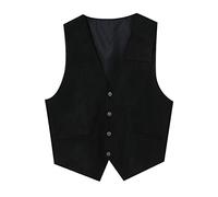 2025 Hombres Hombres Jugando Retro Cuello En V Color Sólido Bolsillo Chaleco De Cuero Chaleco Chaleco Chaleco Con Cuello De Piel, Negro , XL