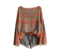 2025 Jersey de mujer invierno vintage con estampado floral bohemio, elegante, cuello redondo, manga larga, sudadera con patrón jacquard, túnica de gran tamaño, casual, ropa de mujer otoño-invierno