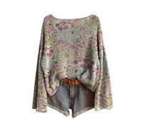 2025 Jersey de mujer invierno vintage con estampado floral bohemio, elegante, cuello redondo, manga larga, sudadera con patrón jacquard, túnica de gran tamaño, casual, ropa de mujer otoño-invierno