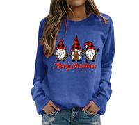 2025 Jersey de Navidad Mujer Camisa para Mujer Merry Christmas Print O Cuello Redondo Fit Jersey Tops Casual Manga Larga Entrenamiento Camisas Suelta Blusa, azul, L