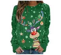 2025 Jersey de Navidad Mujer Rudolph Reno Impresión 3D Divertida Sudadera Navidad Cuello Redondo Jersey Navidad Mujer Elegante Jersey Navidad Jersey Mujer Jersey Manga Larga Invierno, #2-b-verde, XL