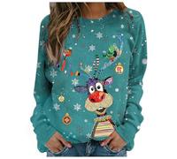 2025 Jersey de Navidad Mujer Rudolph Reno Impresión 3D Divertida Sudadera Navidad Cuello Redondo Jersey Navidad Mujer Elegante Jersey Navidad Jersey Mujer Jersey Manga Larga Invierno, #2-b cielo azul