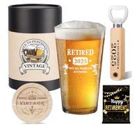 2025 jubilado regalo hombre, jubilación regalo hombres, vidrio de cerveza vintage 2025, abrebotellas de madera, caja de regalo de cerveza vintage, posavasos de madera, tarjeta de felicitación y póster