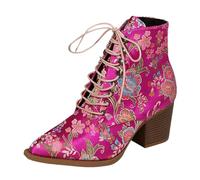 2025 Moda Mujeres Bordado Flores Tacones Cuadrados Encaje Up Botas de Toe Square Toe Zapatos Azules Zapatos de Mujer, Rosa intenso., 37 EU
