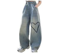 2025 Mode für Mädchen, niedliche Bestickte Hose, elastische Talla, weites Bein, Jeans, lockere, lässige Demin-Hose mit Taschen Hosen Für Mädchen Schwarz, azul, 12-13 años