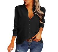 2025 Mujer Casual Button Down Camisa Cuello de Manga Larga Cuello de Manga Larga Blusa de Trabajo de Oficina Tops de Moda con Bolsillo Fiesta Mujer Blusa Manga Larga, Negro , L