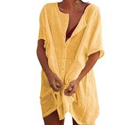 2025 Mujer Cuello en V Top Camisa Suéter Color Sólido Camisa Cómoda Manga Corta Suelta Elegante Camiseta Top Mi Pedido Ver, amarillo, L