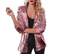 2025 Mujer Lentejuelas Chaqueta Brillo Manga Larga Brillo Fiesta Brillante Abrigo Rave Ropa Exterior Blanca Mujer Elegante, Rosa intenso., XL