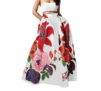 2025 - Mujeres Flores en Un Bolsillo De Cintura Alta Boheme Maxi Falda Fiesta En La Playa Una Falda Larga Vestido Largo Verano Para Mujeres Con Bordados, Blanco, XXL