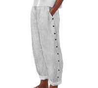 2025 Mujeres Verano Moda Rayas Impresión Botón Casual Versátil Suelto Nine Point Pantalones Pantalones Mujer Cuidado, Blanco, S