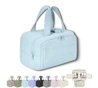 2025 New Elouva Toiletry Bag, Large Capacity Wide-Open Travel Cosmetic Bag, Portable Waterproof Open Flat Organizer Bags with Handle for Accessories, for Travel and Business Trips (Blue)