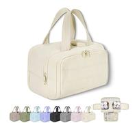 2025 New Elouva Toiletry Bag, Large Capacity Wide-Open Travel Cosmetic Bag, Portable Waterproof Open Flat Organizer Bags with Handle for Accessories, for Travel and Business Trips (Beige)