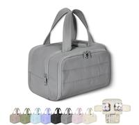 2025 New Elouva Toiletry Bag, Large Capacity Wide-Open Travel Cosmetic Bag, Portable Waterproof Open Flat Organizer Bags with Handle for Accessories, for Travel and Business Trips (Gray)