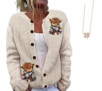 2025 New Highland Cow Cardigan, Women's Cute Highland Cow Print Fall Winter Knit Cardigan, Retro Fall Jackets (White,L)