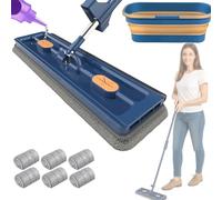 2025 New Saker Plus Large Flat Mop, 360° Rotation Saker Plus Mop and Bucket Set, with 6 Washable Microfiber Pads, for Tile,Hardwood,Windows Wet and Dry(Blue,with Bucket)