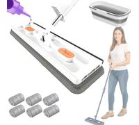 2025 New Saker Plus Large Flat Mop, 360° Rotation Saker Plus Mop and Bucket Set, with 6 Washable Microfiber Pads, for Tile,Hardwood,Windows Wet and Dry(White,with Bucket)