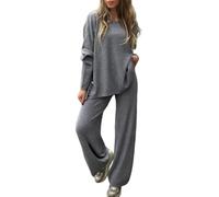 2025 New Women'S 2 Piece Sets Outfits Casual Long Sleeve Travel Sweatsuits Sets, Solid Color Slit Round Neck Long Sleeves, Wide Leg Pants (Gray,L)