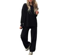 2025 New Women'S 2 Piece Sets Outfits Casual Long Sleeve Travel Sweatsuits Sets, Solid Color Slit Round Neck Long Sleeves, Wide Leg Pants (Black,XL)