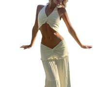 2025 New Women's Clothing Sexy Hollow Out Folded Hanging Neck Top Temperament Half Body Skirt Set For Women(Apricot,S)