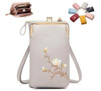 2025 New Women's Embroidered Phone Crossbody Bag, Embroidered Leather Crossbody Purse, Mini Shoulder Handbag Purse (gray)