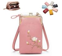 2025 New Women's Embroidered Phone Crossbody Bag, Embroidered Leather Crossbody Purse, Mini Shoulder Handbag Purse (dark pink)
