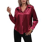 2025 Nueva camisa de noche con botones delanteros de manga larga - Camisa de mujer sin planchar Blusa de media temporada Blusas casuales de gran tamaño Top Color sólido Pijama, Vino, S