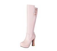 2025 Nuevas Botas Altas Hasta La Rodilla Con Flores Boots Altas De Cuero PU For Mujer Con Tacón Grueso Cálidas Botas De Nieve Con Cremallera Tacones Altos Con Plataforma For Invierno(Pink,40 EU)