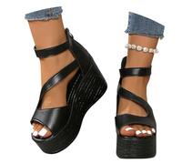 2025 Nuevo Sandalias con Hueco Sandalias De Cuña De Verano for Mujer Sandalias De Novia Retro Tacones Altos De Plataforma Zapatos De Noche con Punta Abierta con Cremallera(Black,39 EU)