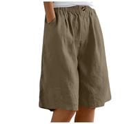 2025 Pantalones cortos elásticos de color sólido para mujer con botones y bolsillos, pantalones cortos casuales, pantalones cortos de pierna ancha con brillo, café, S