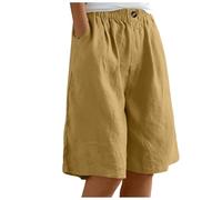 2025 Pantalones cortos elásticos de color sólido para mujer con botones y bolsillos, pantalones cortos casuales, pantalones cortos de pierna ancha con brillo, amarillo, S