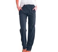 2025 Pantalones de mujer de cintura alta y pierna ancha Pantalones elásticos casuales con cordón Pantalones largos cómodos con pierna recta y bolsillos Ropa de vela Pantalones de mujer, azul oscuro, M