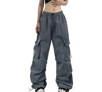 2025 Pantalones de Paracaidismo Cargo de Verano para Mujer, Corte Holgado, Bolsillo Estilo Calle Pantalones con Cadena Mujer Negro, gris, L