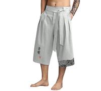 2025 Pantalones Japoneses Hombre 3/4 Baggy Pantalones Cortos Taro para Hombres de Lino Ropa Asiática Kimonos Tradicionales Japoneses con Cordón de Ajuste Pantalones Cortos Descontratados Sueltos