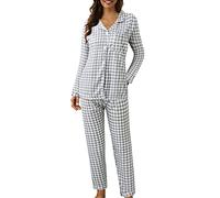 2025 Plaid Print Dos Piezas Manga Larga Pijama Pijama Camisón Trasero Abierto Mujer, gris, M