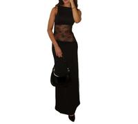 2025 Primavera Vestido Largo Transparente Sexy sin Espalda sin Mangas de Encaje de Retazos a Media Cintura Transparente(S)