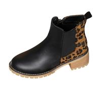 2025 Punta estrecha Cremallera lateral Tacón bloque Patrón de leopardo Empalme Tubo corto Pulgar Chica 23, Negro , 37