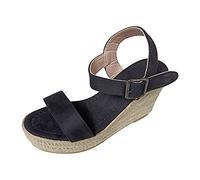 2025 - Sandalias de cuña para mujer, puntera abierta, tamaño grande, con hebilla, cinturón, tacón de verano, sandalias de mujer, anillo para dedo del pie para ancho ancho ancho, Black, 36.5 EU