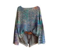 2025 Suéter Mujer Invierno Vintage Impreso Floral Bohemio Suéter Over Punto Elegante Cuello Redondo Manga Larga Sudadera Patrón Jacquard Túnica Grande Tamaño Casual Ropa Mujer Otoño-Invierno, M Azul