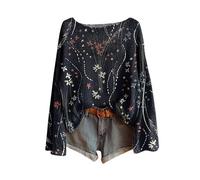 2025 Suéter Mujer Invierno Vintage Impreso Floral Bohemio Suéter Over Punto Elegante Cuello Redondo Manga Larga Sudadera Patrón Jacquard Túnica Grande Tamaño Casual Ropa Mujer Otoño-Invierno, azul