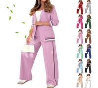2025 Temperament Solid Color Ribbed Suit Set, Blazer and High Rise Straight Leg Pants Sets, Womens Dressy 2 Piece Pant Suits (Pink,XXL)