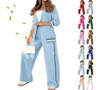2025 Temperament Solid Color Ribbed Suit Set, Blazer and High Rise Straight Leg Pants Sets, Womens Dressy 2 Piece Pant Suits (Light Blue,XXL)