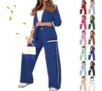 2025 Temperament Solid Color Ribbed Suit Set, Blazer and High Rise Straight Leg Pants Sets, Womens Dressy 2 Piece Pant Suits (Blue,XXL)