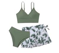 2025 - Traje de baño de 3 piezas para niña, lindo bikini floral y falda, traje de baño para niños, Verde militar., 16-17 años