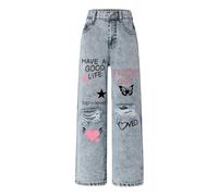 2025 Vaqueros para Niñas de Pierna Ancha Vaqueros Holgados Cintura Alta Elástica Lindo Lazo Ropa Casual Niños Streetwear Niñas Ropa 152 Adolescentes, azul, 10-11Years
