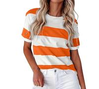 2025 Verano Frontera Europea Americana Moda Rayas Estampado Cuello Redondo Manga Corta Camiseta Casual Camiseta Mujeres Abdomen, naranja, XXL