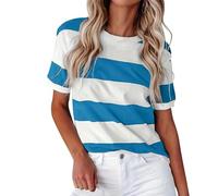 2025 Verano Frontera Europea Americana Moda Rayas Estampado Cuello Redondo Manga Corta Camiseta Casual Camiseta Mujeres Abdomen, azul, L